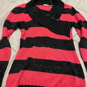BONGO Black and Pink Striped Shawl Collar Sweater